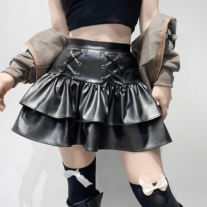 Mall Goth Punk PU Skirt Women Dark Gothic Vintage Bandage High Waist Lolita Skirt Harajuku Streetwear Emo Alt Clubwear voguable