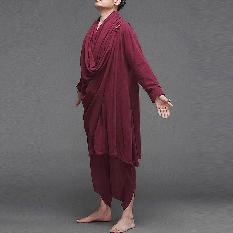 Men Vintage Sets Long Sleeve Solid Color Irregular Cloak Blouse Elastic Pants 2 Pieces Men Cotton Suits Streetwear 5XL 7 voguable
