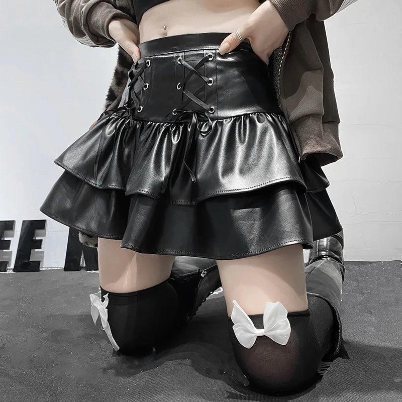 Mall Goth Punk PU Skirt Women Dark Gothic Vintage Bandage High Waist Lolita Skirt Harajuku Streetwear Emo Alt Clubwear voguable