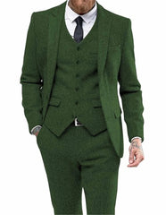 Men's Suits 3 Pieces Black Wool Herringbon Slim Fit Casual Formal Business Groomsmen Tweed Tuxedos for Wedding Blazer+Pants+Vest voguable