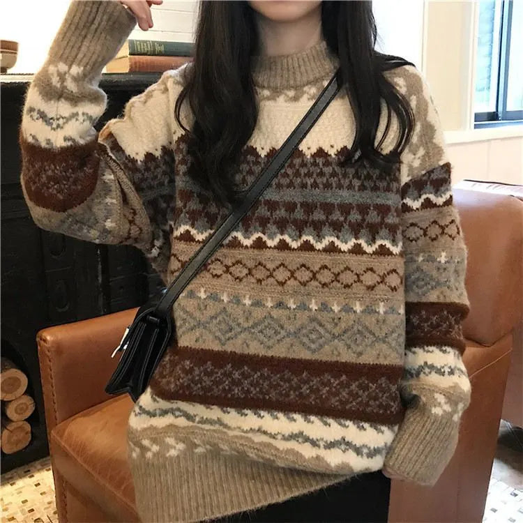 Vintage Sweaters Women Pullover Winter Striped Jumpers Korean Style Loose Pullover Knitwear Casual Loose Sweater Pull Femme voguable