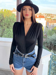 V Neck Brown Bodysuit Women Autumn Long Sleeve Top Bodies Sexy Female Overalls Casual Bodycon Bodysuits voguable