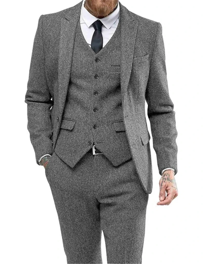 Men's Suits 3 Pieces Black Wool Herringbon Slim Fit Casual Formal Business Groomsmen Tweed Tuxedos for Wedding Blazer+Pants+Vest voguable