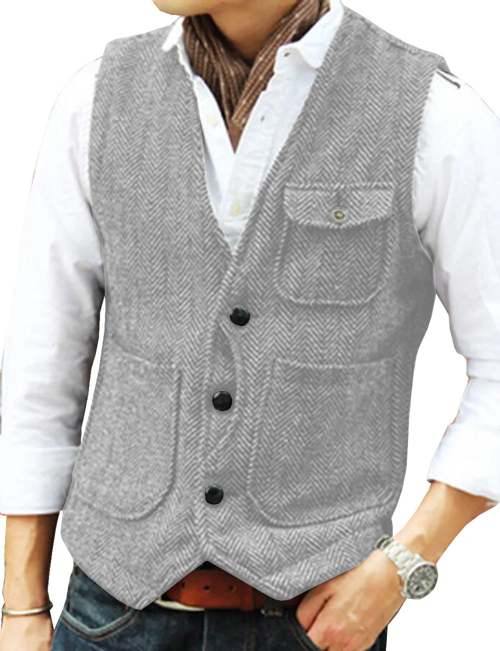 Men's Vest Brown Herringbone Wool Tweed V Neck Single Breasted Retro Tooling Vest Male Gentleman Business Waistcoat For Wedding voguable