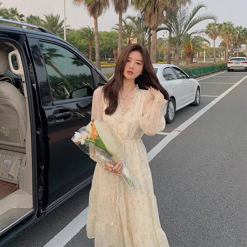Voguable V-neck Elegant Sweet Dress Women Long Sleeve Chiffon Floral Dress Party Beach Dress for Females Korean Style  Summer Chic voguable