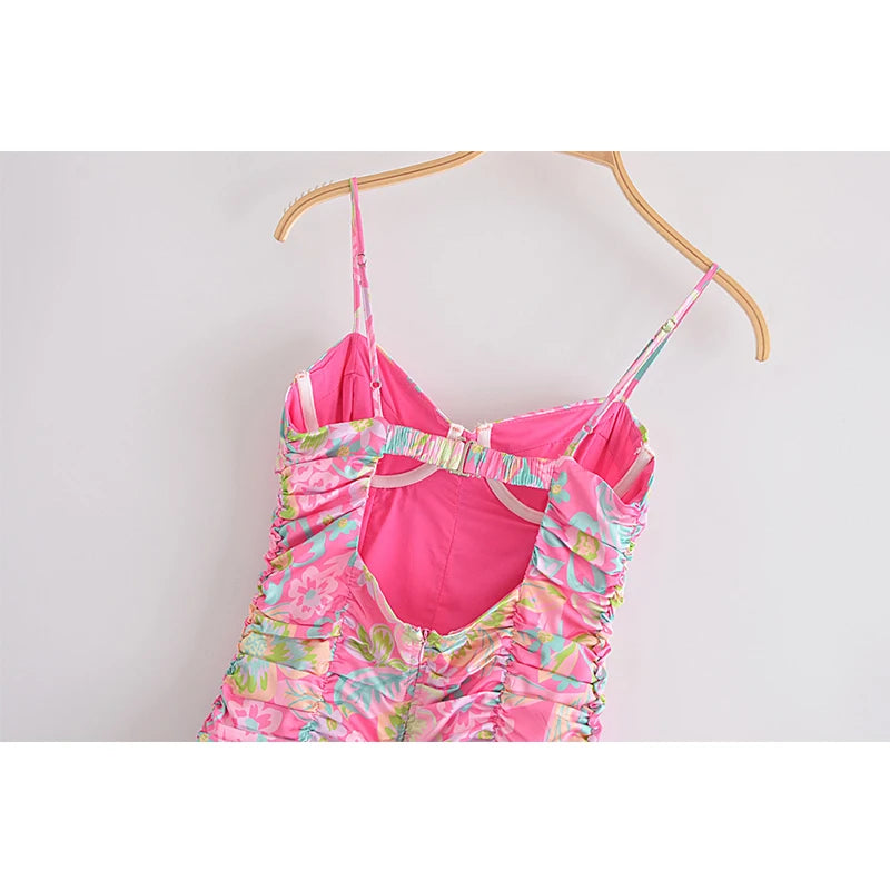 Voguable Romantic Women Fashion Backless Flower Print Sling Sexy Dress Ladies Draped Bodycon Mini Club Party Dress Summer Robe voguable