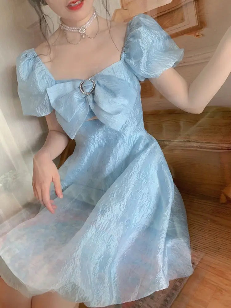 Voguable Blue Elegant Fairy Dress Women Summer 2021 Korean Puff Sleeve Party Princess Sweet Dress Female Kawaii High Waist Casual Dress voguable