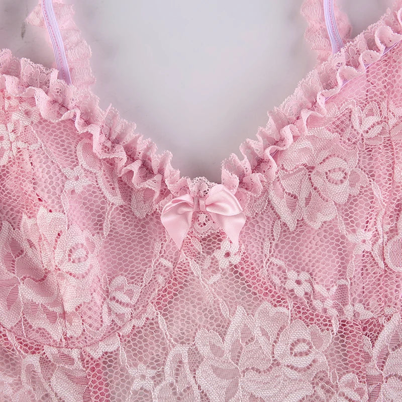 Sweet Cute Lace Cami Dress See Through Sexy Slim Sleeveless Ruffles Bow A-Line Mini Dresses For Women Summer Spring Lady voguable