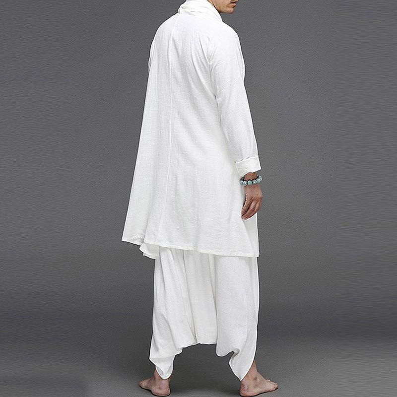 Men Vintage Sets Long Sleeve Solid Color Irregular Cloak Blouse Elastic Pants 2 Pieces Men Cotton Suits Streetwear 5XL 7 voguable