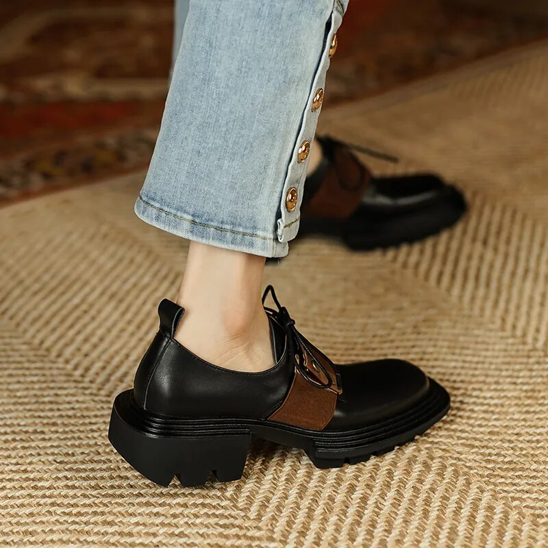 Lace-up Black Women Shoes  New Genuine Leather Shoes Woman Heels Working Thick Botton Square Toe Women Shoes Shoes for Women voguable