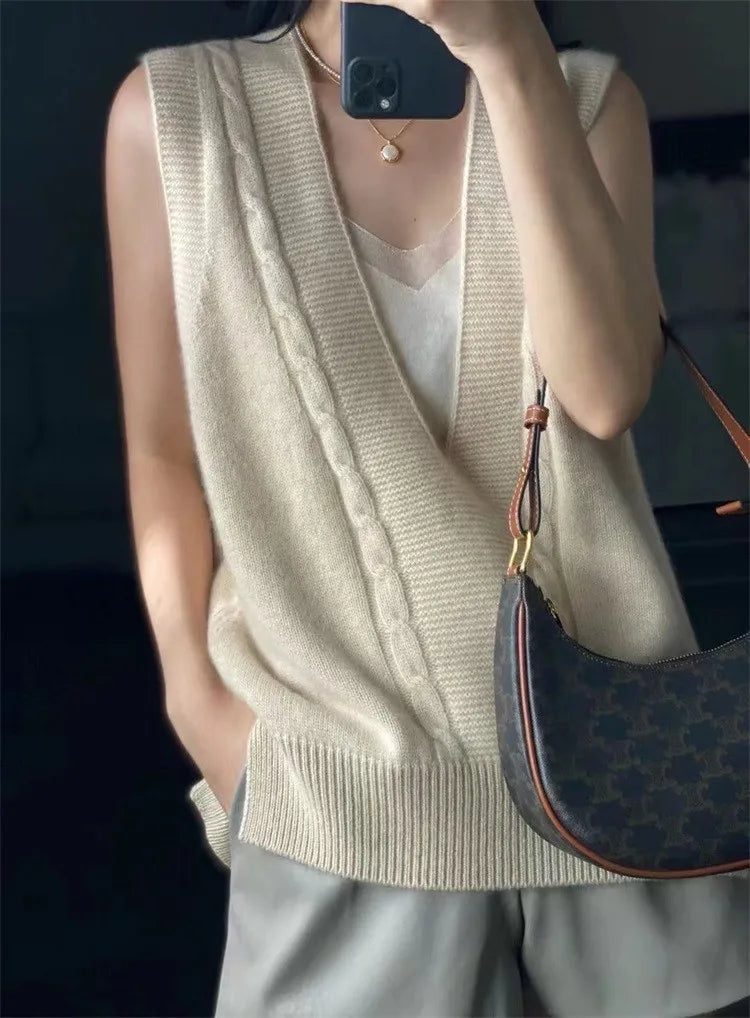 Voguable V Neck Knitted Vest Sweater Sleeveless Women Khaki Casual Pullover Black  Autumn Winter Gray Jumper Fashion voguable