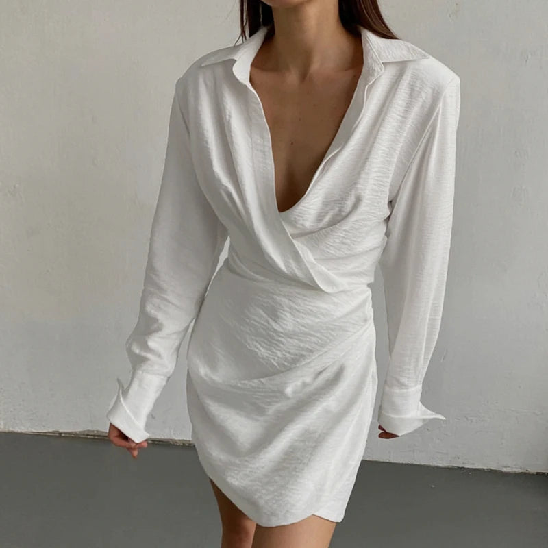 Office Ladies Shirt Dress Elegant Fashion Sexy Slim Deep V-Neck Turn-Down Collar Long Sleeve Mini Dresses For Women voguable