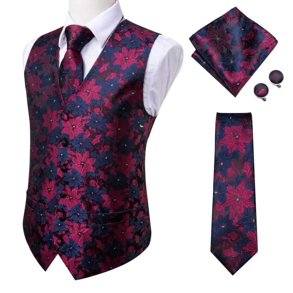 Hi-Tie Pink Green Paisley Silk Dress Vest Set For Men Dark Blue Jacquard Mens Suit Vest Male Waistcoat For Wedding Formal Jacket voguable