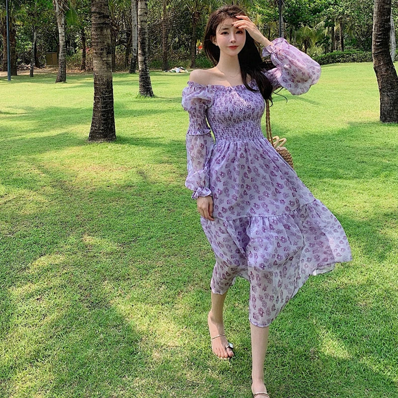 Voguable Design Floral Dress Women Summer Puffer Sleeve Beach One Piece Dress Korean Elegant Vintage Dress Female Chic Square Collar voguable