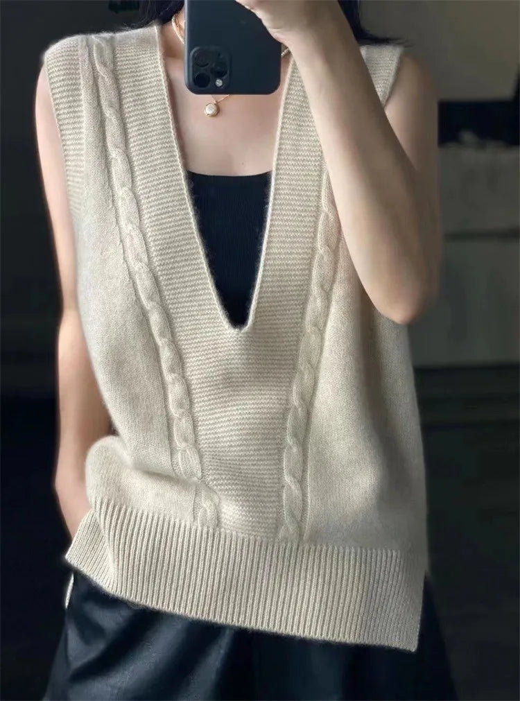 Voguable V Neck Knitted Vest Sweater Sleeveless Women Khaki Casual Pullover Black  Autumn Winter Gray Jumper Fashion voguable