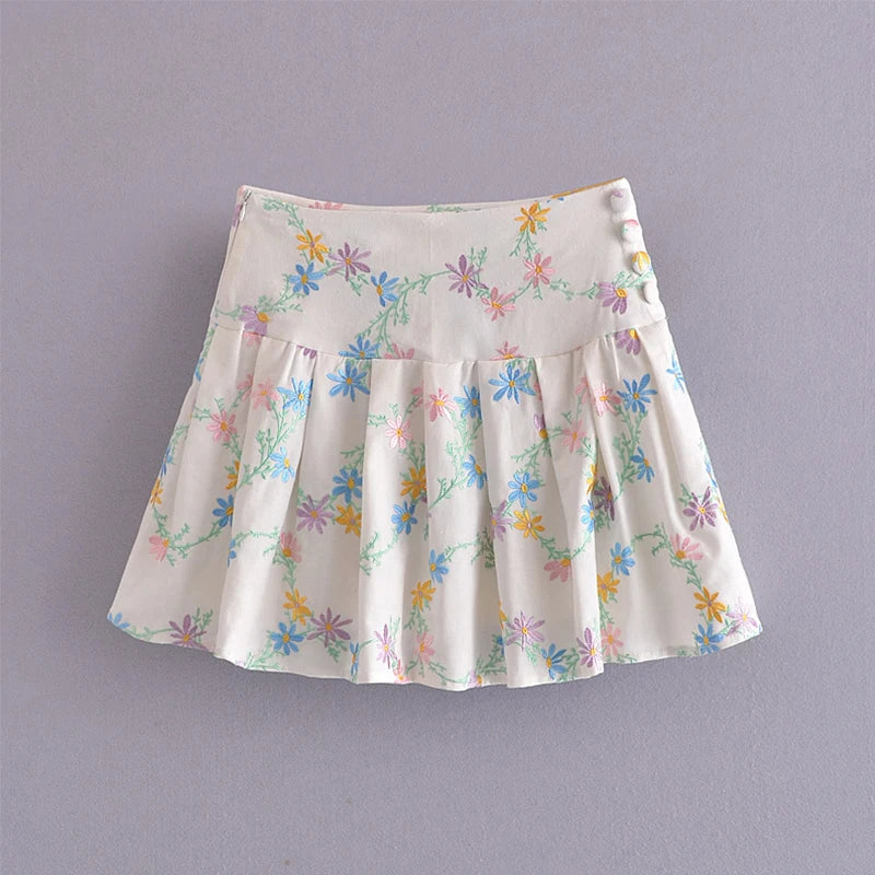 Voguable  Floral Embroidery Pleated Mini Skirt New Women Side Zipper Button High Waist Jupe Summer Fashion Faldas voguable