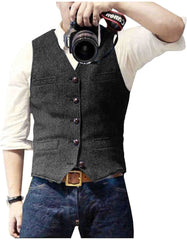 Men's Casual Classic Suit Vest V Neck Herringbone Tweed Slim Fit Business Waistcoat For Wedding voguable