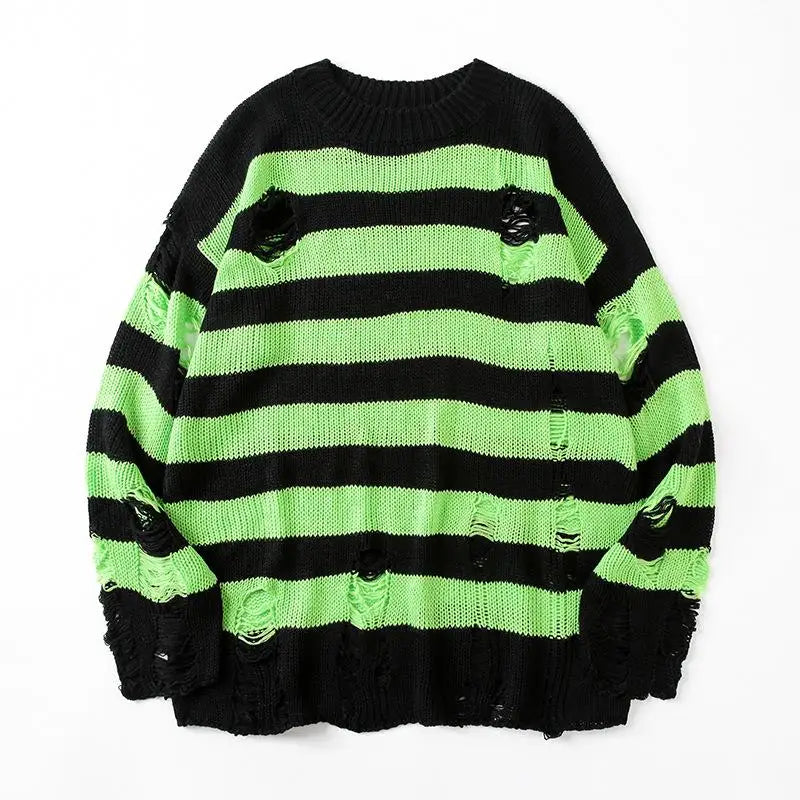 Black Stripe Sweaters Destroyed Ripped Sweater Men Pullover Hole Knit Jumpers Men Oversized Sweatshirt Harajuku Long Sleeve Tops voguable