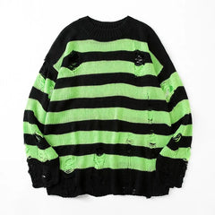 Black Stripe Sweaters Destroyed Ripped Sweater Men Pullover Hole Knit Jumpers Men Oversized Sweatshirt Harajuku Long Sleeve Tops voguable