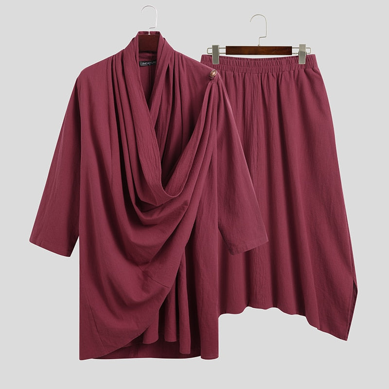 Men Vintage Sets Long Sleeve Solid Color Irregular Cloak Blouse Elastic Pants 2 Pieces Men Cotton Suits Streetwear 5XL 7 voguable
