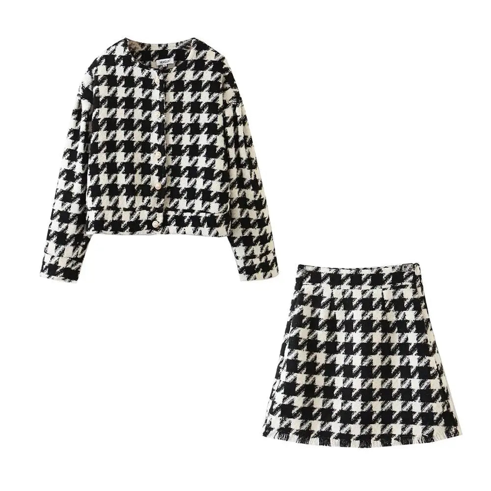 Voguable Vintage Sweet Women Pearl Button Check Gingham Plaid Blazer High Waist A line Mini Short Skirts Long Sleeve Suits 2 Pieces Set voguable