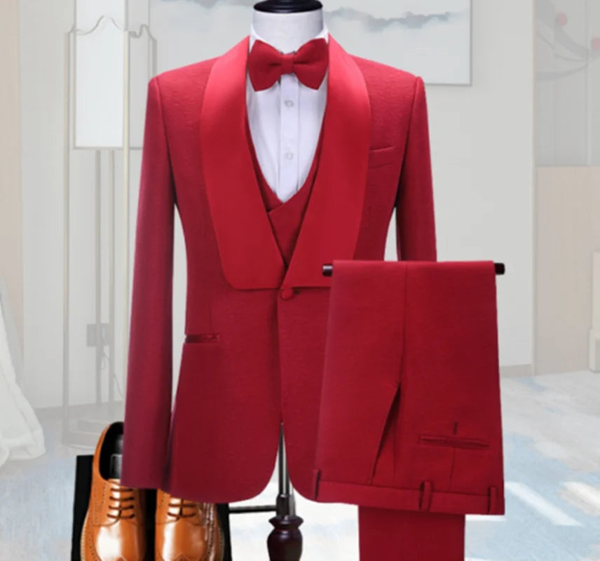 Voguable  Homme Men Wedding Suit Shawl Lapel Tuxedo For Groom Marriage Suit Jacket Vest Pant Wedding Groom Prom Formal Tailored voguable