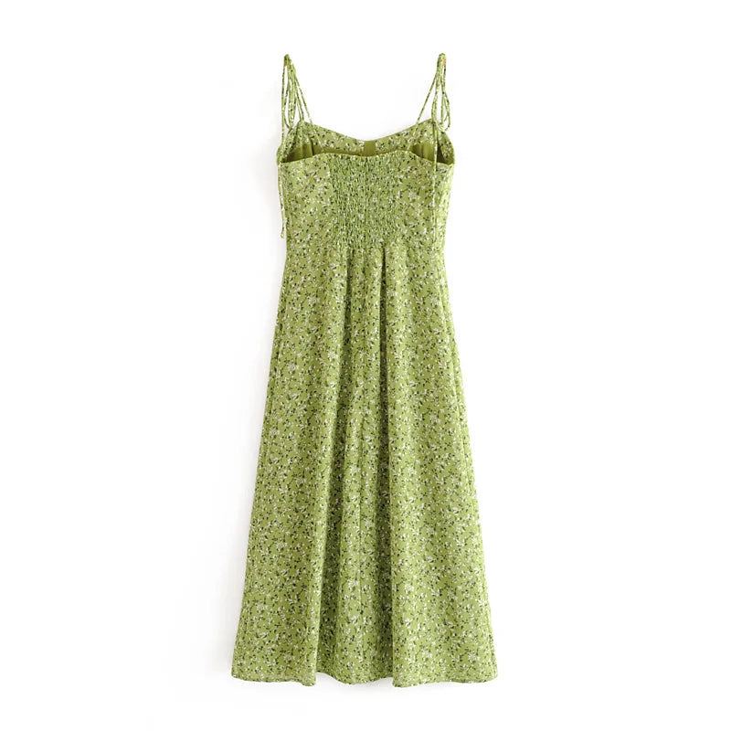Voguable  Women Green Floral Print Sling Dress Sundress Female V Neck Sleeveless Hem Slits A-line Chiffon Dress voguable