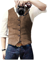 Men's Casual Classic Suit Vest V Neck Herringbone Tweed Slim Fit Business Waistcoat For Wedding voguable