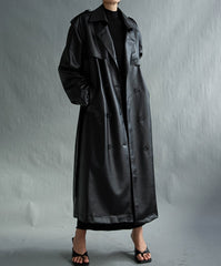 Lautaro Autumn Extra Long Oversized Black Faux Leather Trench Coat for Women Long Sleeve Belt Double Breasted Loose Fashion voguable