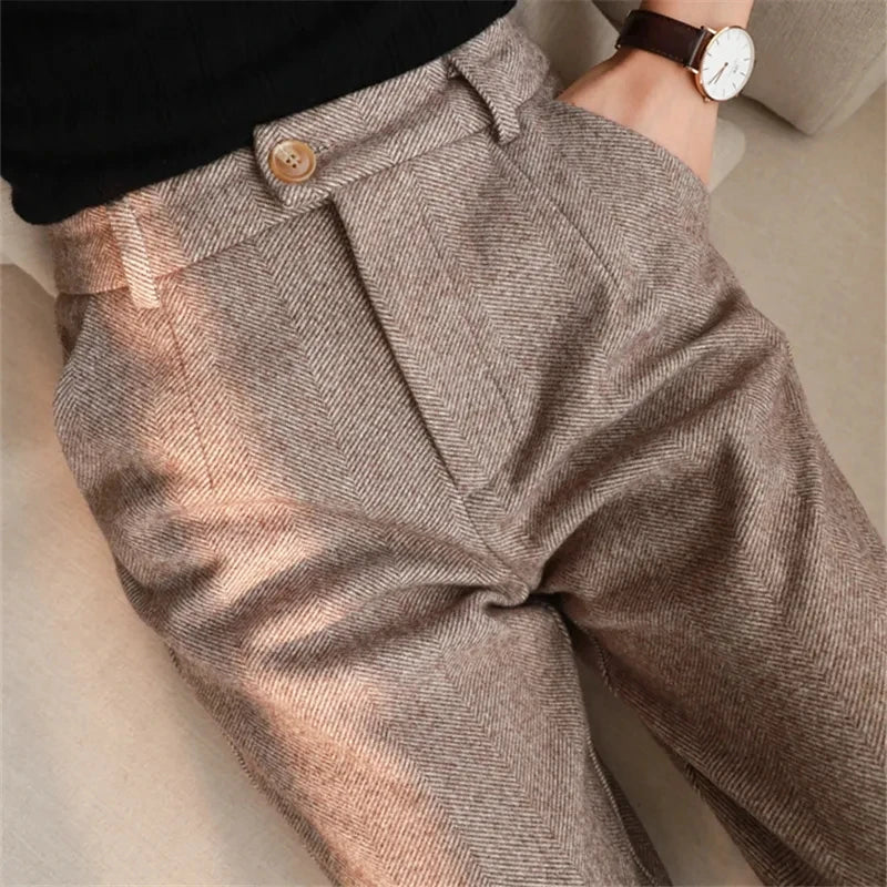 Woolen Pants Women's Harem Pencil Pants Autumn Winter High Waisted Casual Suit Pants Office Lady Women Trousers voguable