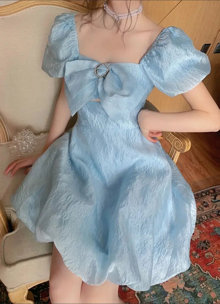 Voguable Blue Elegant Fairy Dress Women Summer 2021 Korean Puff Sleeve Party Princess Sweet Dress Female Kawaii High Waist Casual Dress voguable