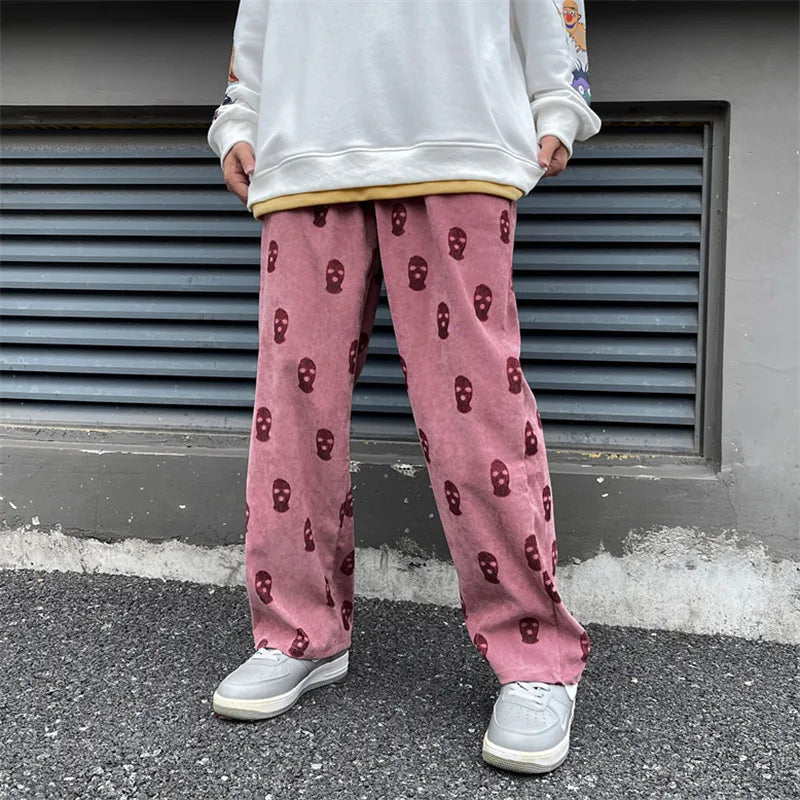 Gothic Skull Full Print Casual Drawstring Baggy Men Tracksuit Pants Corduroy Straight Sweatpants Male Hip Hop Long Trousers voguable