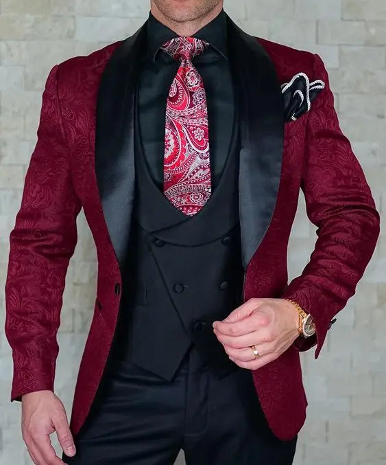 Tailor-Made Burgundy Wedding Men Suits Slim Fit Tuxedo 3 Pieces Suits Groom Prom Jacquard Blazer Terno Masculino Suits voguable