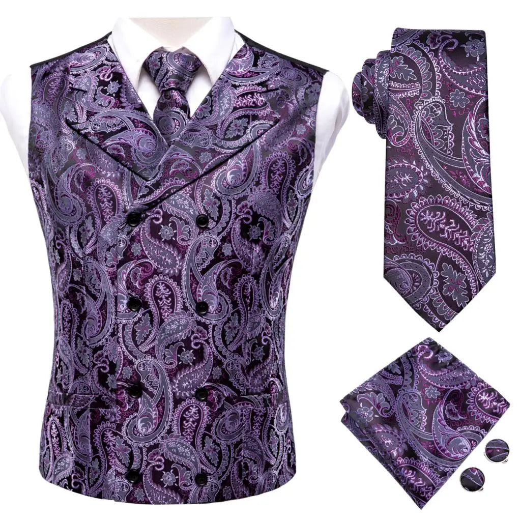 Hi-Tie Pink Green Paisley Silk Dress Vest Set For Men Dark Blue Jacquard Mens Suit Vest Male Waistcoat For Wedding Formal Jacket voguable