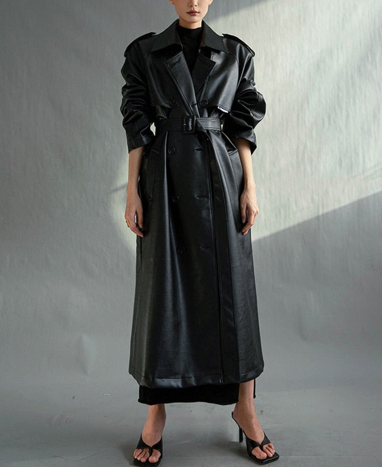 Lautaro Autumn Extra Long Oversized Black Faux Leather Trench Coat for Women Long Sleeve Belt Double Breasted Loose Fashion voguable