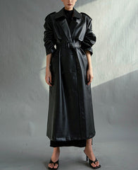 Lautaro Autumn Extra Long Oversized Black Faux Leather Trench Coat for Women Long Sleeve Belt Double Breasted Loose Fashion voguable