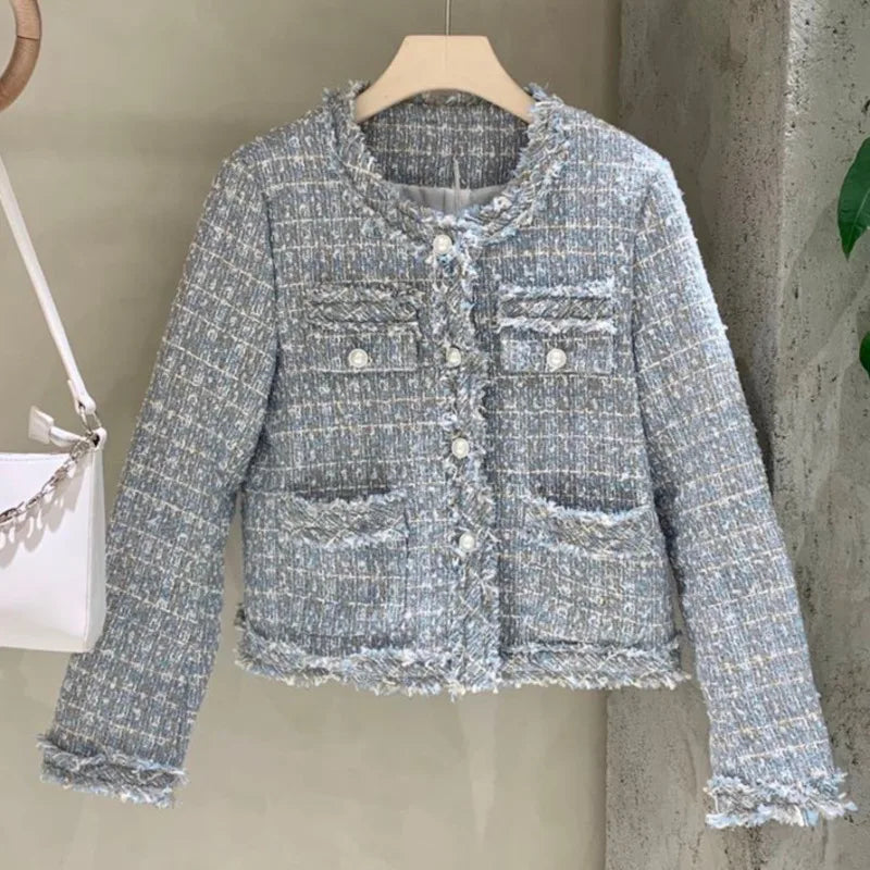 High Quality Korean Vintage Tweed Jacket Coat Women Autumn Single Breasted Plaid Tassel Slim Woolen Jackets Office Lady Outwear voguable