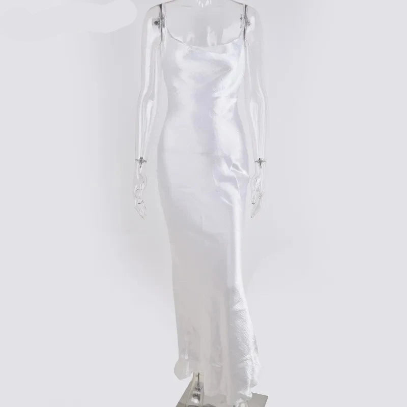 Sexy Spaghetti Strap Backless Summer Dress Women Satin Lace Up Trumpet Long Dress Elegant Bodycon Party Dresses voguable