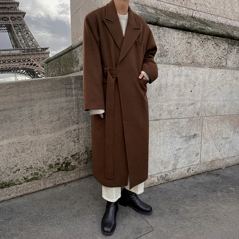 Men's Woolen And Mixtures Coat Autumn Winter Mid Long Thickened Korean Trend Loose Overcoat Male New Bandage Waist