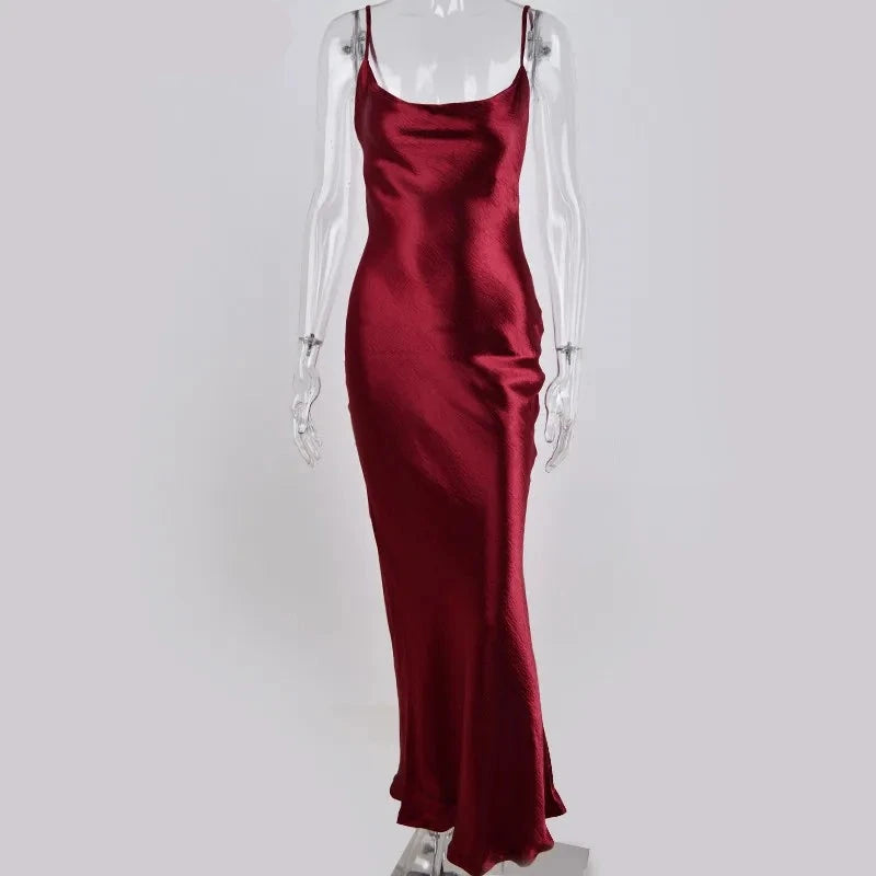 Sexy Spaghetti Strap Backless Summer Dress Women Satin Lace Up Trumpet Long Dress Elegant Bodycon Party Dresses voguable