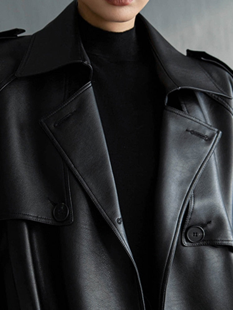 Lautaro Autumn Extra Long Oversized Black Faux Leather Trench Coat for Women Long Sleeve Belt Double Breasted Loose Fashion voguable