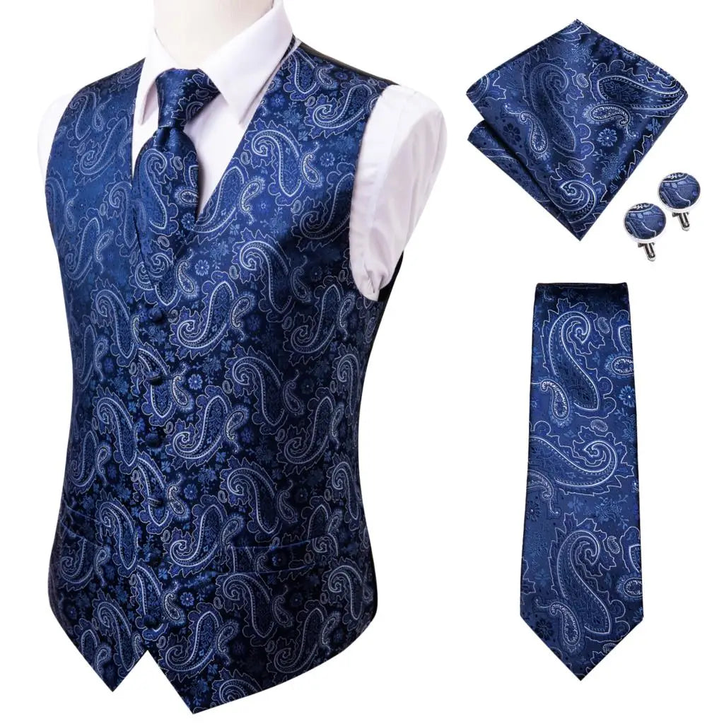 Hi-Tie Pink Green Paisley Silk Dress Vest Set For Men Dark Blue Jacquard Mens Suit Vest Male Waistcoat For Wedding Formal Jacket voguable