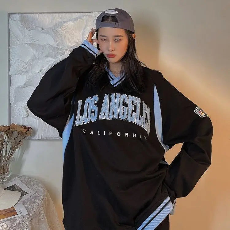 Voguable Retro Baseball V-neck Letter Embroidery Sweatshirt Women Harajuku Hoodie 2021New Brand Fashion Overszied Tops Teens Girls Casual voguable