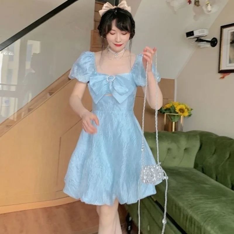 Voguable Blue Elegant Fairy Dress Women Summer 2021 Korean Puff Sleeve Party Princess Sweet Dress Female Kawaii High Waist Casual Dress voguable