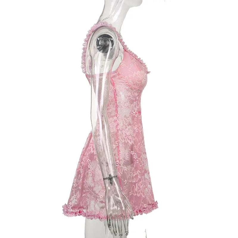 Sweet Cute Lace Cami Dress See Through Sexy Slim Sleeveless Ruffles Bow A-Line Mini Dresses For Women Summer Spring Lady voguable