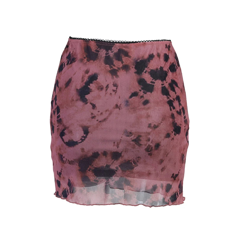 Women Mini Skirt Summer Sheer Tie-dye Print High Waist Mesh Bodycon Skirt with Lining y2k Clothes E Girl Streetwear voguable