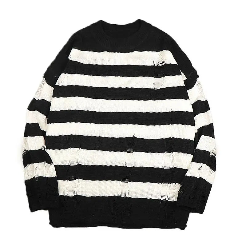 Black Stripe Sweaters Destroyed Ripped Sweater Men Pullover Hole Knit Jumpers Men Oversized Sweatshirt Harajuku Long Sleeve Tops voguable