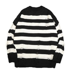 Black Stripe Sweaters Destroyed Ripped Sweater Men Pullover Hole Knit Jumpers Men Oversized Sweatshirt Harajuku Long Sleeve Tops voguable