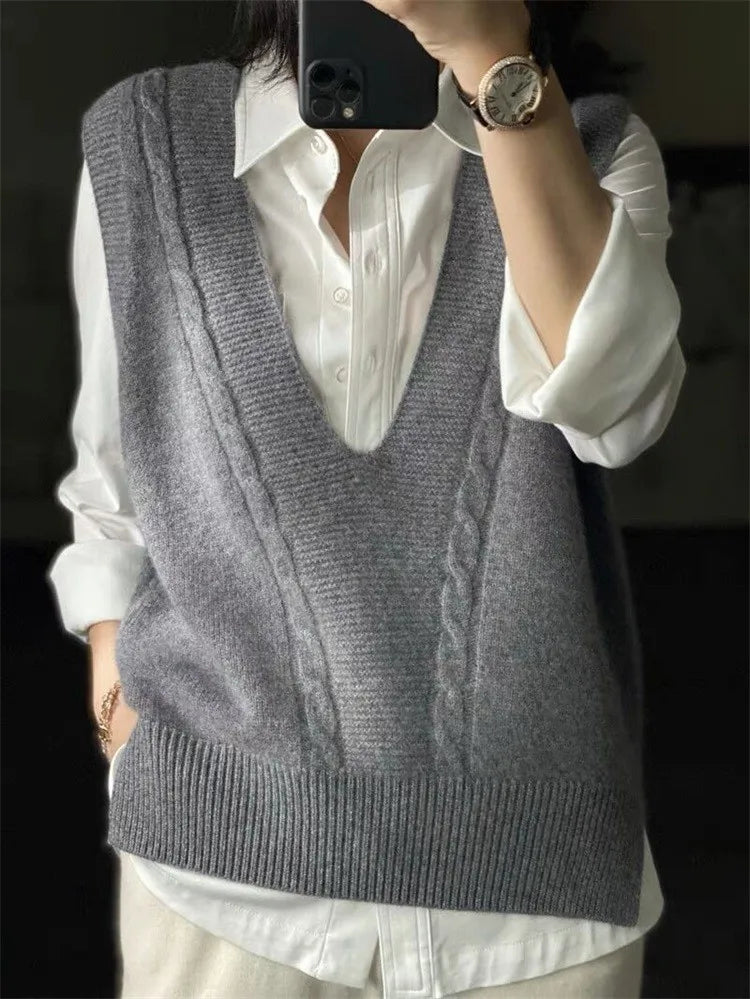 Voguable V Neck Knitted Vest Sweater Sleeveless Women Khaki Casual Pullover Black  Autumn Winter Gray Jumper Fashion voguable