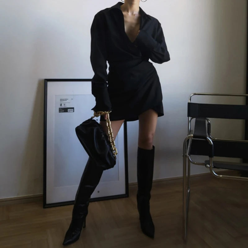 Office Ladies Shirt Dress Elegant Fashion Sexy Slim Deep V-Neck Turn-Down Collar Long Sleeve Mini Dresses For Women voguable